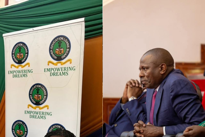 Photo collage of a HELB banner and National Assembly Majority Leader Kimani Ichung’wah