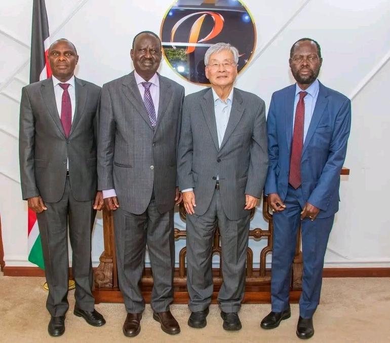 Hon. Raila Amollo Odinga during a September 2025 meeting with Felix Koskei, Prof. Hiroyuki Hino of Duke University and Prof. Anyang' Nyong'o to deliberate on the Post-Vision 2030 (Image: Files)