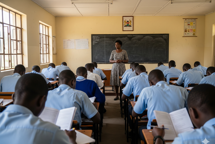An AI-generated image of a teacher invigilating exams in a class in kenya