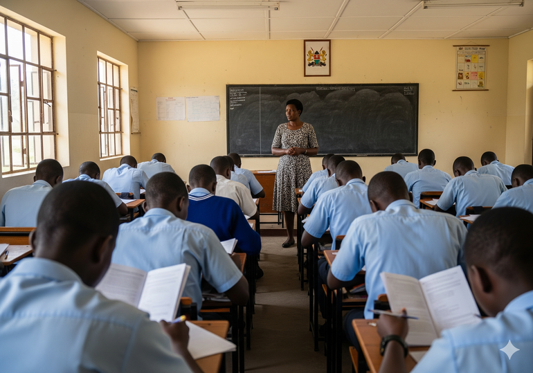 An AI-generated image of a teacher invigilating exams in a class in kenya