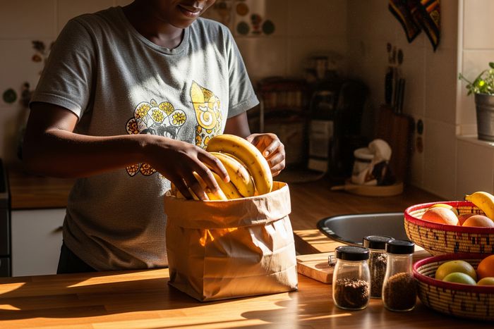 A lady taking ripe bananas off a paper bag