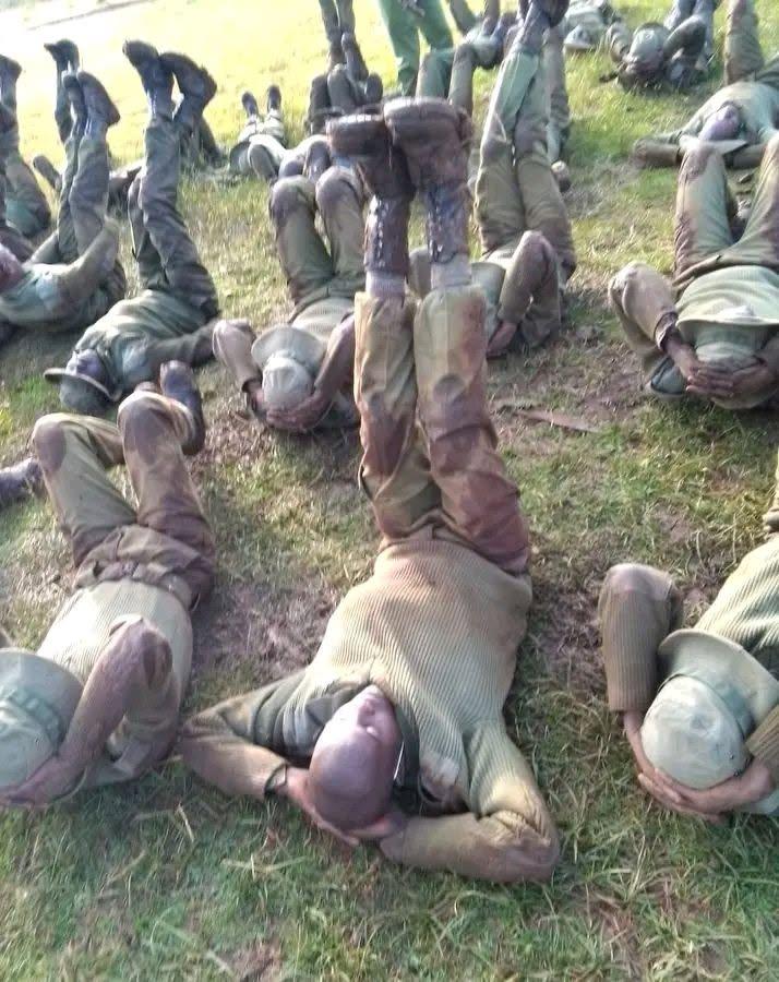 A typical warm-down routine after an intensive physical training session for recruits at RTS, Eldoret (Image: Files)