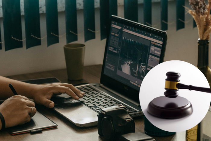 An illustration of a person using a laptop and a judge gavel (inset)