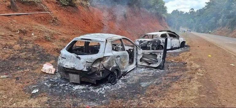 The wreckage of some of the vehicles that were burnt after chaos broke out at Kithure Kindiki's political event in Nembure, Embu County on Saturday, September 12, 2026.