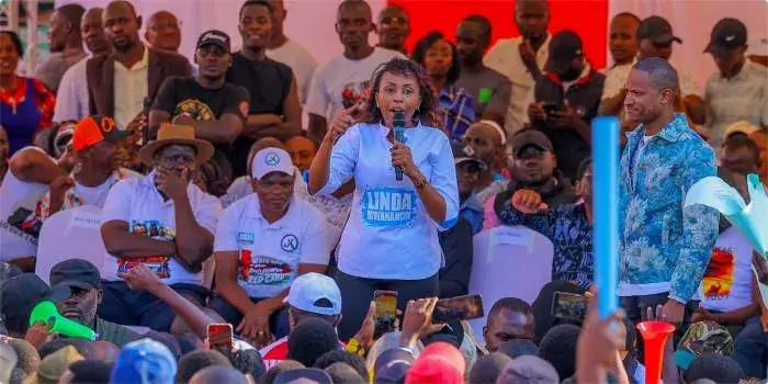 Pauline Njoroge, standing alongside Embakasi East MP Babu Owino, amongst other leaders, during a Linda Mwananchi Rally in Taita Taveta County on July 18.(Image:Pauline Njoroge)