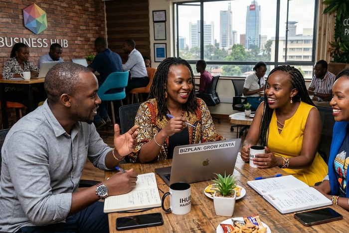An illustration of Kenyan entrepreneurs in a meeting