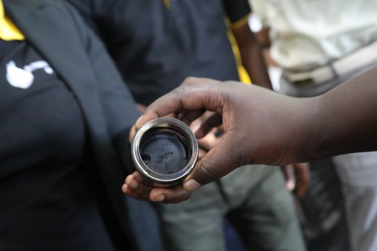 A waxy, crude oil sample. Turkana's oil is waxy and solidifies at low temperatures.