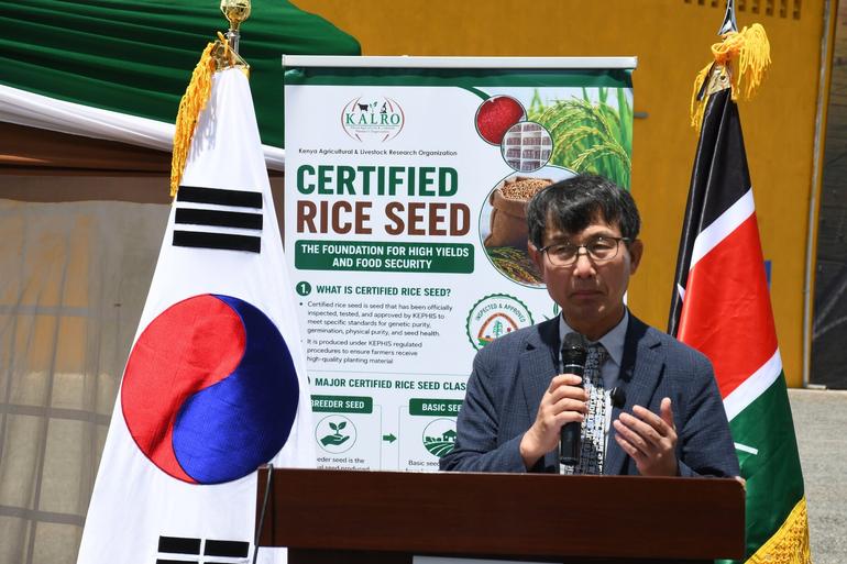 H.E. Ambassador Kang Hyung-shik makes a remark during the launch of the Certified Rice Seed Processing Facility at KALRO Mwea (Image: Files)