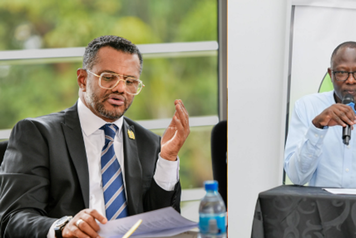 Photo collage of UDA Secretary General Hassan Omar and IEBC Chairperson Erastus Ethekon