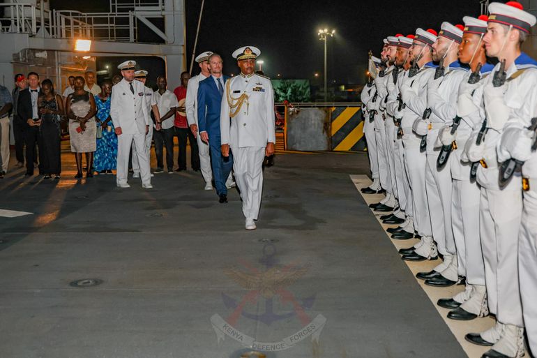 Kenya's Chief of the Defence Forces, General Charles Kahariri inspects a guard of honour aboard the DIXMUDE, a French warship