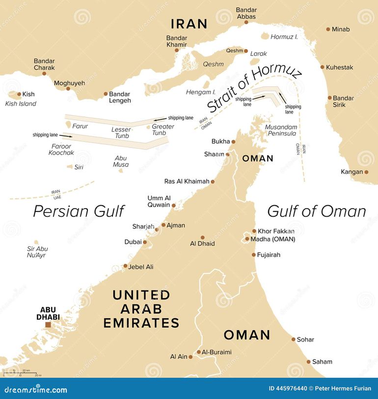 Map showing the placement of the Strait of Hormuz in the Middle East