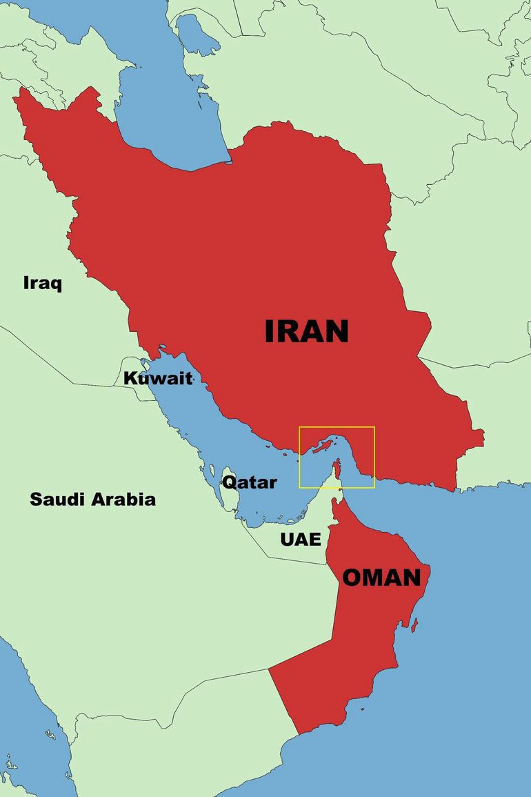 Geographical map depicting the Strait of Hormuz. Oman and Iran, highlighted in red, control access to the Strait.