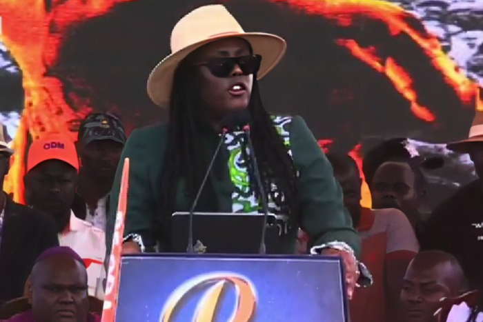 Winnie Odinga speaking on Thursday, October 15, 2026, during the first anniversary commemoration of her late father, former Prime Minister Raila Odinga, at Migwena Grounds in Bondo, Siaya County.