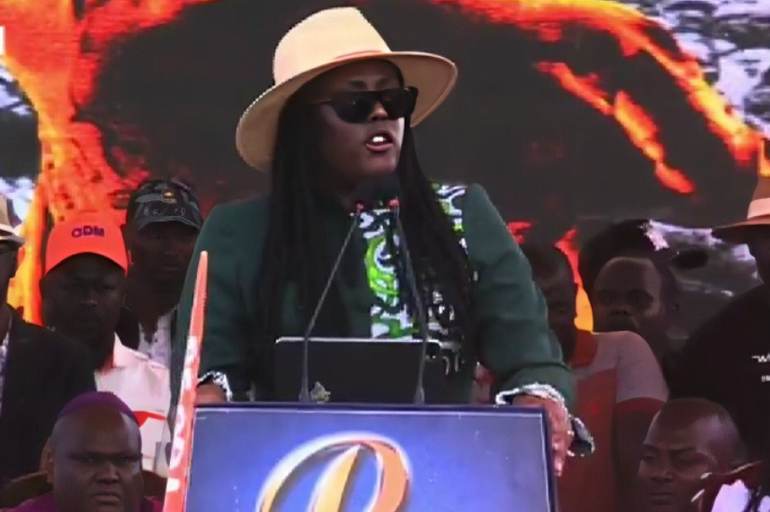 Winnie Odinga speaking on Thursday, October 15, 2026, during the first anniversary commemoration of her late father, former Prime Minister Raila Odinga, at Migwena Grounds in Bondo, Siaya County.