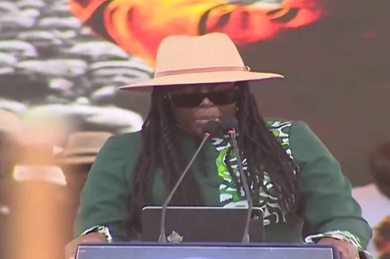 Winnie Odinga speaking on Thursday, October 15, 2026, during the first anniversary commemoration of her late father, former Prime Minister Raila Odinga, at Migwena Grounds in Bondo, Siaya County.