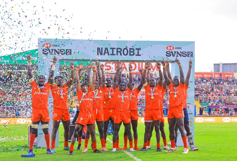 Kenya Shujaa players celebrate after emerging third place during the HSBC SVNS 2 Nairobi leg