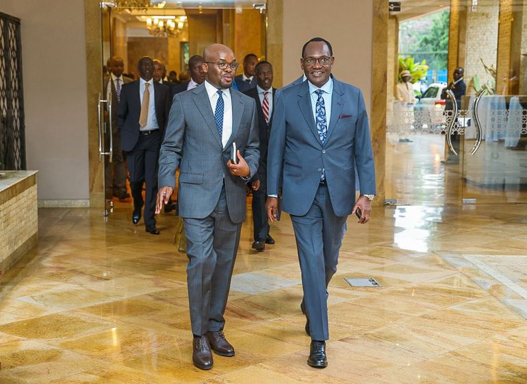 Internal Security PS Raymond Omollo and Treasury Principal Secretary Chris Kiptoo after meeting principals of the Anti-Money Laundering (AML) and Countering the Financing of Terrorism implementing agencies