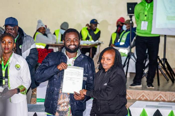 Democracy for the Citizens Party (DCP) candidate Sammy Kamau Ngotho after being declared winner of the Ol Kalou by elections