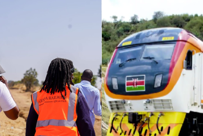 Photo collage of Kenya Railways personnel conducting a parcel boundary identification for the proposed Naivasha–Kisumu–Malaba Standard Gauge Railway (SGR) Project and the SGR train at Ngong Tunnel (Image: Kenya Railways)