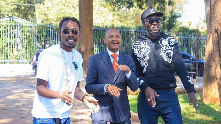 Embakasi East MP Babu Owino dances with musicians Kapitani and Master VK  after the resolution of a copyright dispute over the hit song 'Kitemeo' (Image: Files)