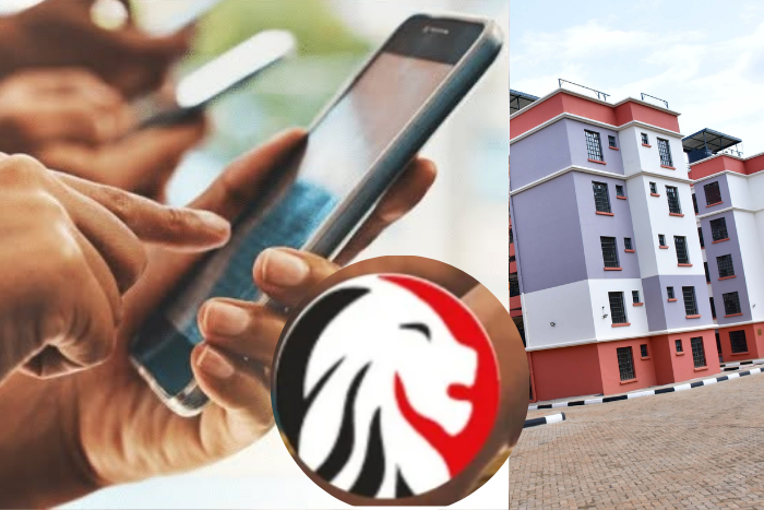 Photo collage of a person using a mobile phone, KRA logo (inset) and affordable housing units in Gichugu, Kirinyaga County. (Image: KRA-PCS)