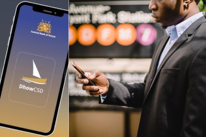 Photo collage of the CBK DhowCSD app and an illustration of an African man using his mobile phone. (Image: CBK-Canva)