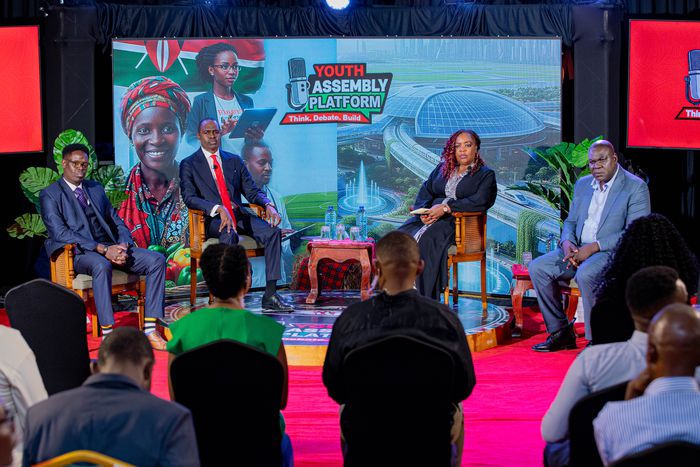 Youth Assembly Platform panellists Michael Kirui, Dr. Benard William Chitunga, Kenya Power Chair Joy Brenda Masinde and human rights advisor Duncan Ojwang.
