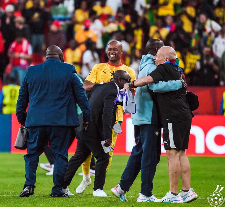 The Black Stars technical bench celebrates the winning goal against Panama.