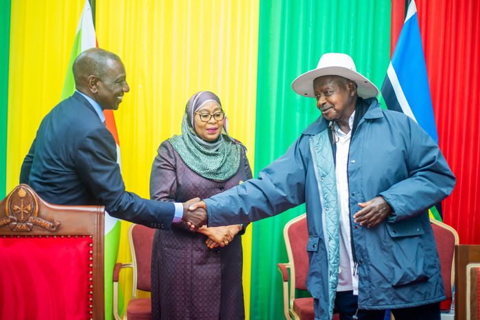 President William Ruto, Tanzanian President Samia Suluhu and Ugandan President Yoweri Museveni (left) during the 23rd Ordinary Summit of the EAC Heads of State in Arusha, Tanzania on November 24, 2023.