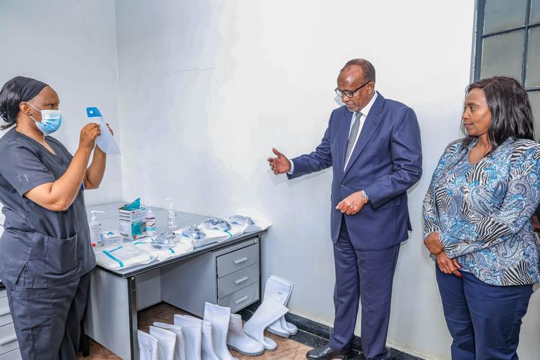 Health CS Aden Duale inspecting some of the protective equipment used by healthcare workers