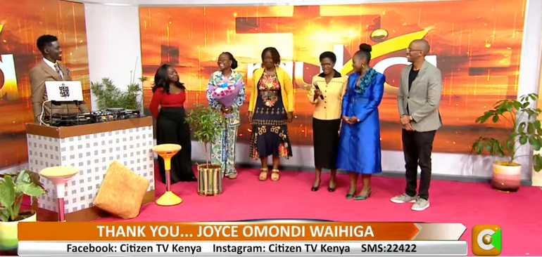 Family & friends of Joyce Omondi Waihiga surprise her with a farewell bouquet during her final show on Citizen TV's Rauka