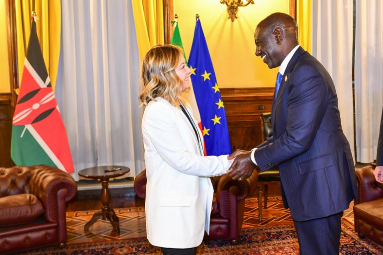 President William Ruto shakes hands with Italian Prime Minister Giorgia Meloni in a past engagement