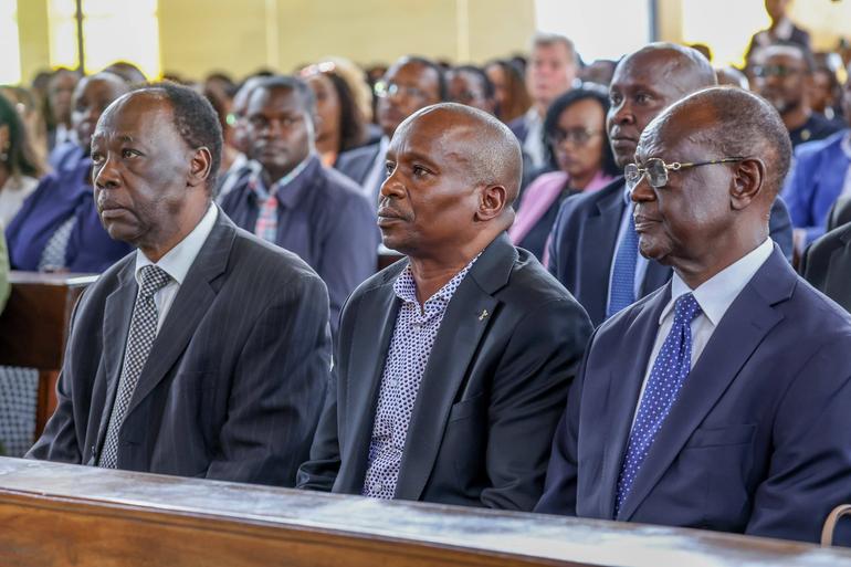 Deputy President Kithure Kindiki and former Meru Governor Kiraitu Murungi during the requim mass of Murungi's daughter Anita