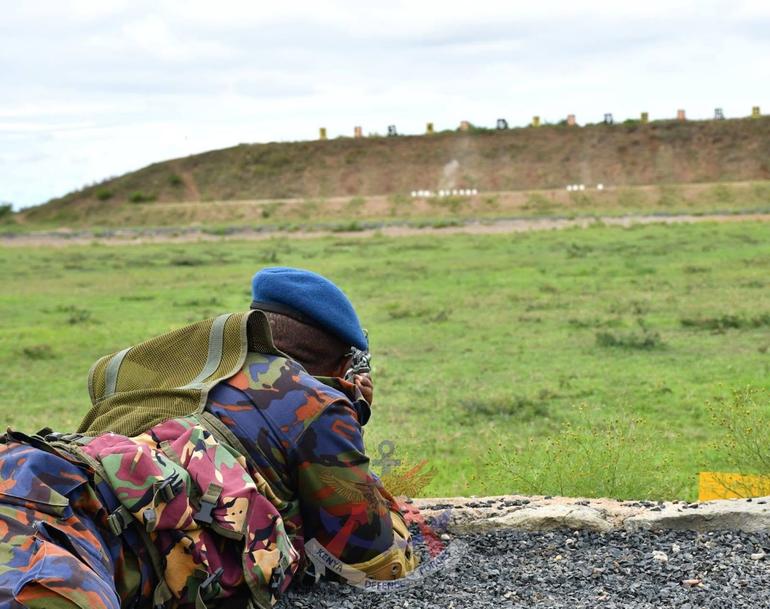 A Kenya Airforce soldier during a routine shooting exercise at at the Athi River shooting range (Image: Files)