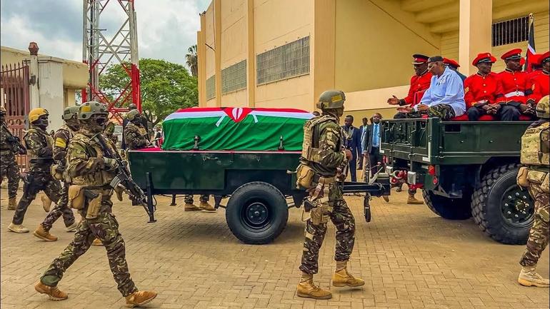 A Kenya Defense Forces elite team stands guard during the public body viewing of the late Hon. Raila Odinga (Image: Files)