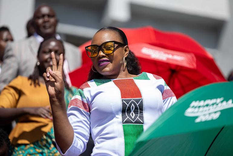 Uasin Gishu County Senatorial aspirant Everlyne Tirop follows proceedings during the 63rd Mashujaa Day celebrations at Kipchoge Keino Stadium (Image: Files)