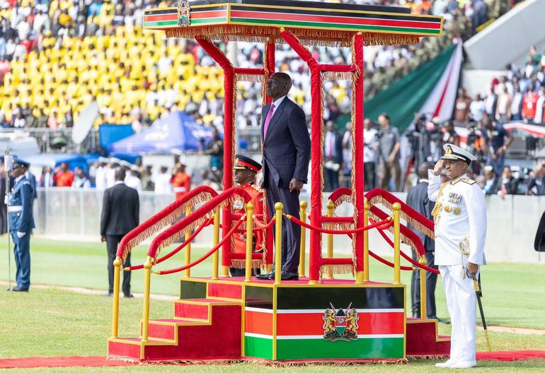 President William Ruto takes the salute during the 63rd Mashujaa Day celebrations at Kipchoge Keino Stadium in Eldoret City, Uasin Gishu County (Image: Files)