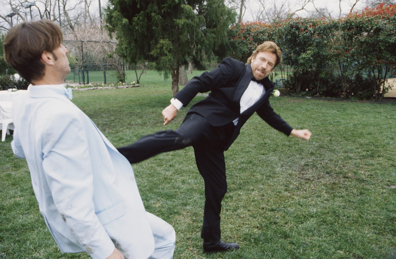 Chuck Norris appears as Cordell Walker in an action scene for Walker, texas Ranger
