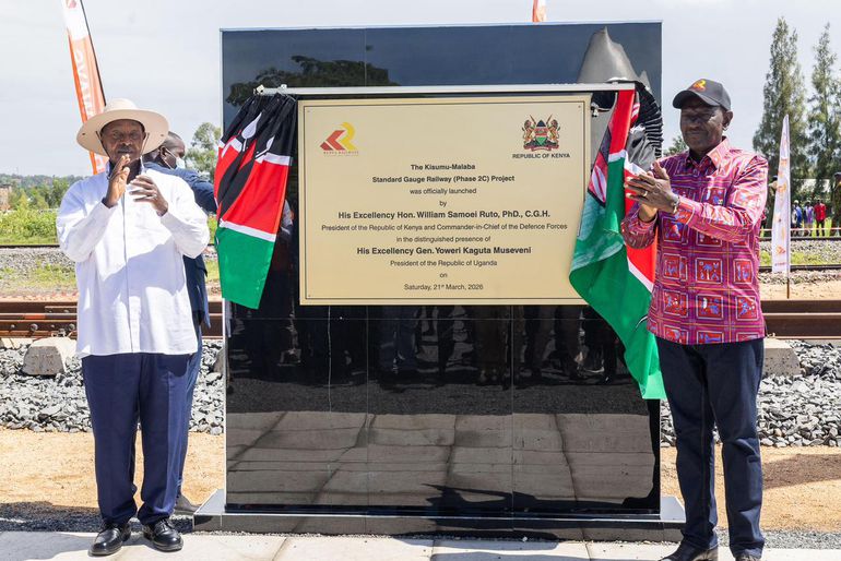 Presidents of Kenya and Uganda, William Ruto and Yoweri Museveni at the Kisumu-Malaba SGR groundbreaking ceremony, March 21, 2026