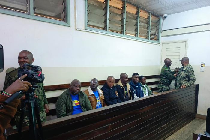 Samson Kiprotich Talaam who served as Central Police station's Officer Commanding Station (OCS), James Mukhwana, Peter Kimani, John Ngige Gitau, Gin Ammitou Abwao and Brian Mwaniki Njue when they appeared in court for Albert Ojwang's murder trial.
