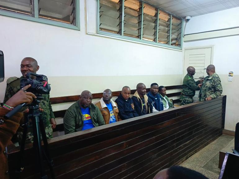 Samson Kiprotich Talaam who served as Central Police station's Officer Commanding Station (OCS), James Mukhwana, Peter Kimani, John Ngige Gitau, Gin Ammitou Abwao and Brian Mwaniki Njue when they appeared in court for Albert Ojwang's murder trial.