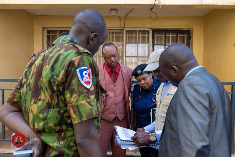 Internal Security Secretary Thomas Sakah during a multi-agency technical team site assessment at Kamukunji Police Station, with construction scheduled to begin in August 2026 (Image: Files)