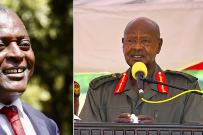 Photo collage of the late former Lugari MP Cyrus Jirongo and Ugandan President Yoweri Museveni