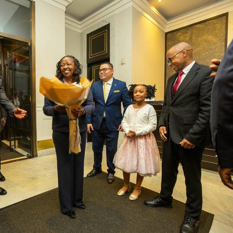 First Lady Rachel Ruto holds a bouquet after landing in New York for United Nations General Assembly (UNGA) 2026.