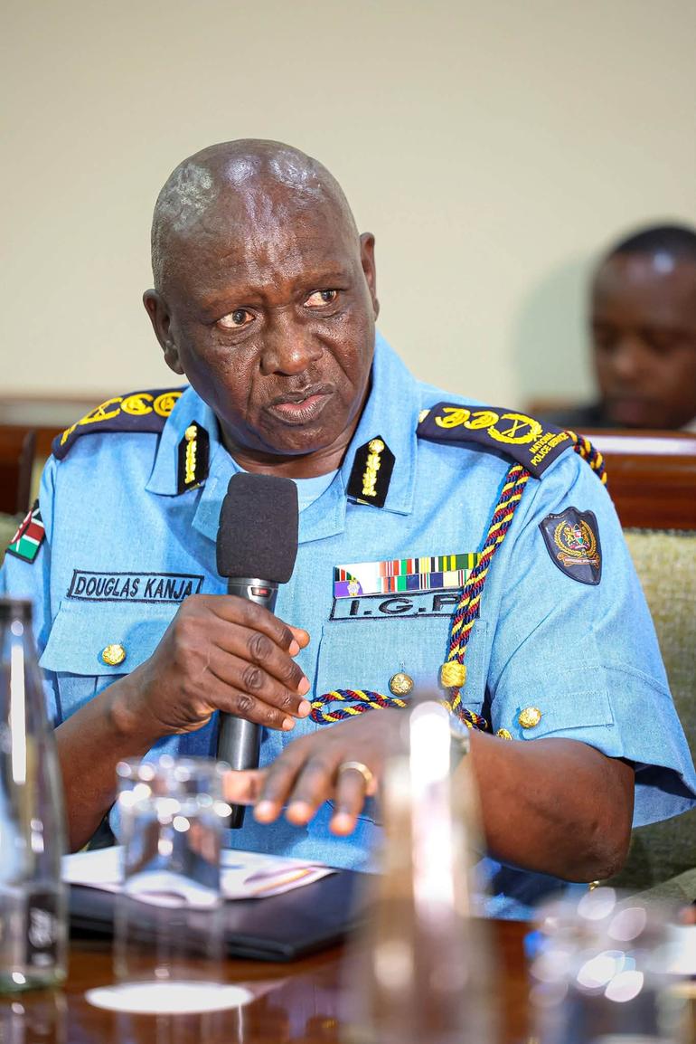 IG of Police Douglas Kanja during deliberations on new measures with the Inspector General of Police, the Director of Public Prosecutions, representatives of the Council of Governors, relevant Principal Secretaries and heads of agencies (Image: Files)