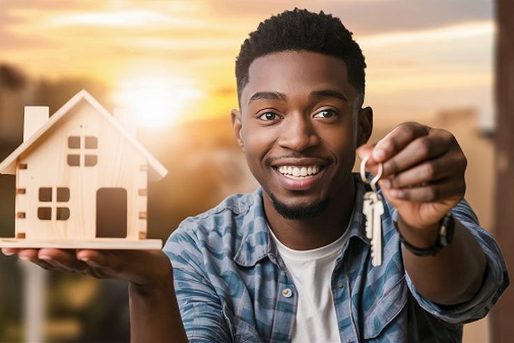 A person holding a model house and a set of keys