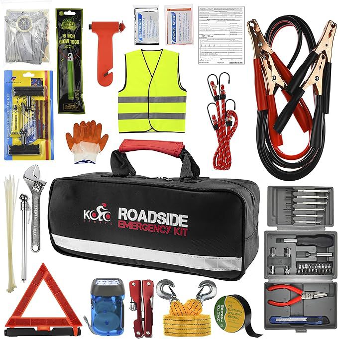 Roadside Emergency Car Kit - 156-Piece Multipurpose Emergency Pack with Automotive Tools and First Aid Kit - Car Tool Kit Includes Heavy-Duty Jumper Cables and Tire Pressure Gauge (@www.amazon.sa)