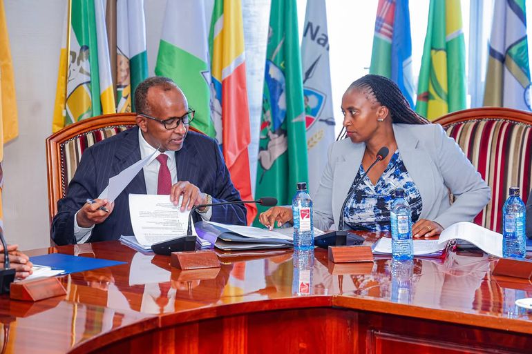 Health Cabinet Secretary Aden Duale (left) alongside Public Health PS Mary Muthoni (right)