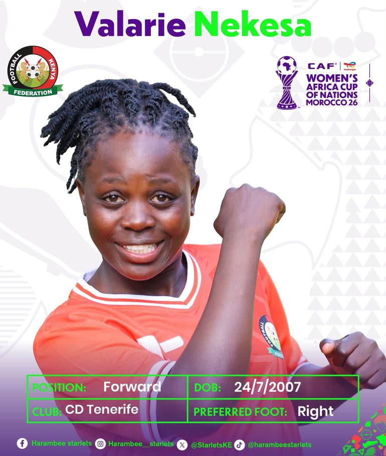 Valerie Nekesa is a highly talented 18-year-old Kenyan professional footballer who plays as a forward for the Spanish side CD Tenerife Femenino and the Kenya Women's National Team (Image: Files)