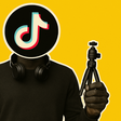 Pop-art style illustration of a Black creator with TikTok logo as head, wearing headphones, holding a smartphone in one hand and a mini tripod in the other against a bright yellow background